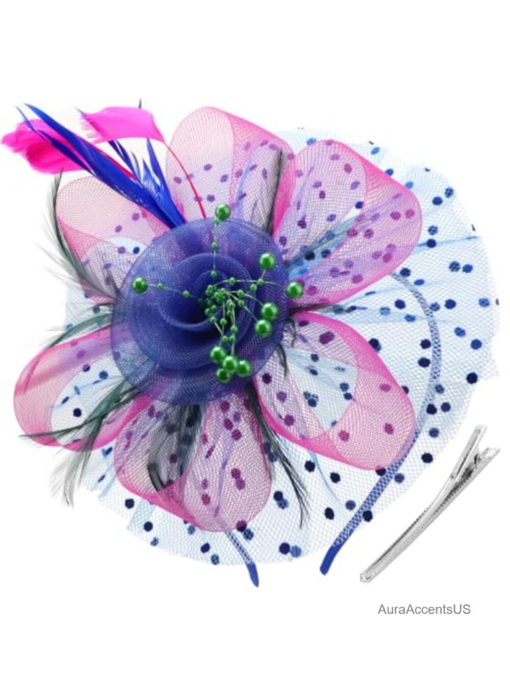 Fascinator Hat Flower Mesh Ribbon Feathers Headband Clip Tea Party Headwear